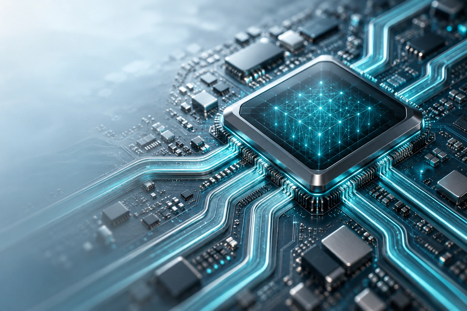 An AI processor with a cyan neural network and connected engineering circuits